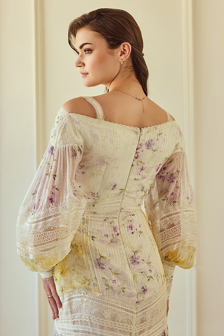 Lilac & Yellow French Chiffon Printed Off-Shoulder Maxi Party Wear Dress by Roseroom by Isha Jajodia at Pernia's Pop Up Shop