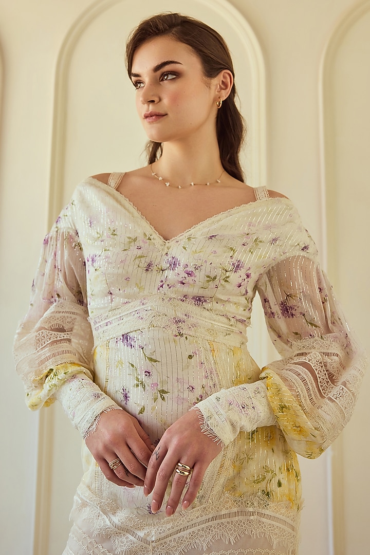 Lilac & Yellow French Chiffon Printed Off-Shoulder Maxi Party Wear Dress by Roseroom by Isha Jajodia at Pernia's Pop Up Shop