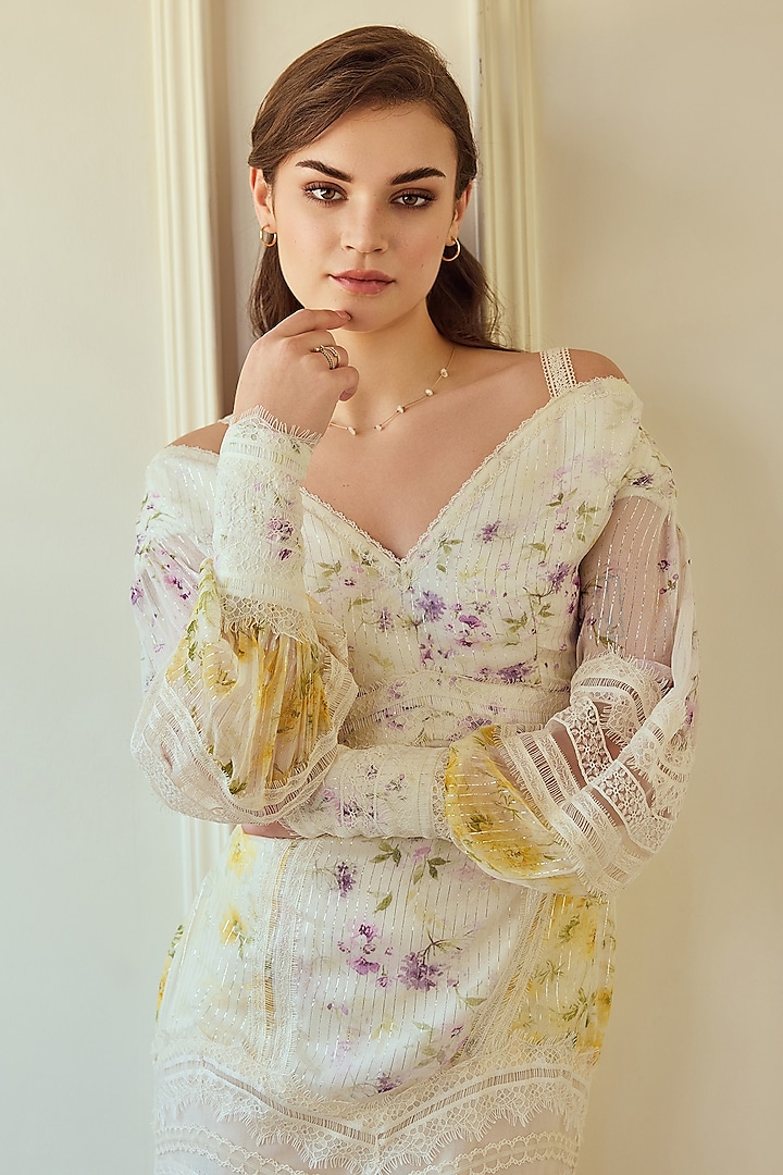 Lilac & Yellow French Chiffon Printed Off-Shoulder Maxi Party Wear Dress by Roseroom by Isha Jajodia at Pernia's Pop Up Shop