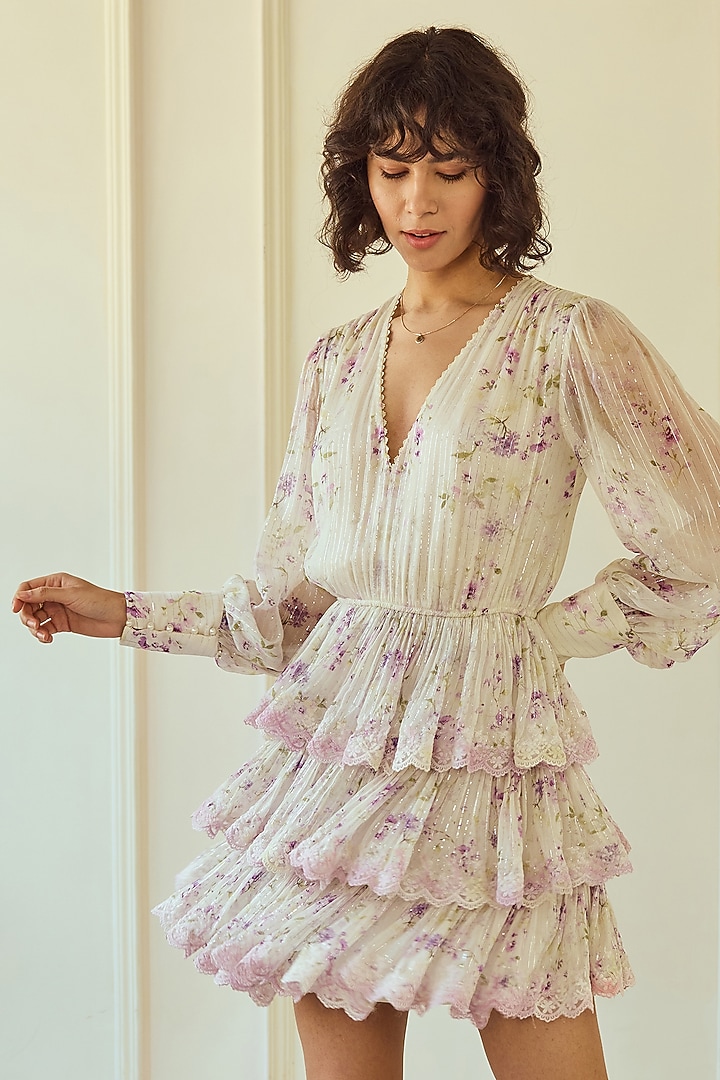 Lilac French Chiffon Printed Tiered Mini Cocktail Dress by Roseroom by Isha Jajodia at Pernia's Pop Up Shop