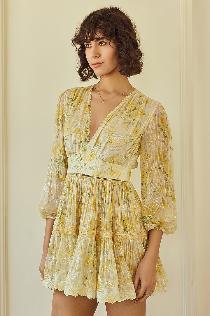 Yellow Lurex Chiffon Printed Mini Cocktail Dress by Roseroom by Isha Jajodia at Pernia's Pop Up Shop
