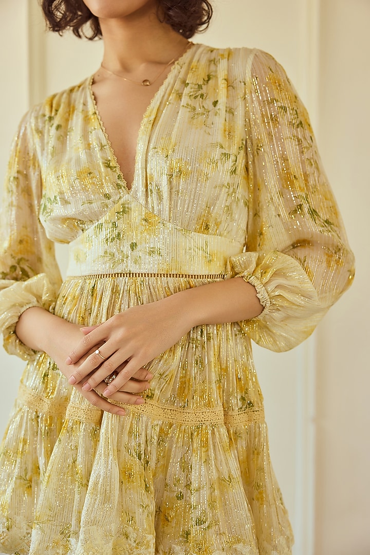 Yellow Lurex Chiffon Printed Mini Cocktail Dress by Roseroom by Isha Jajodia at Pernia's Pop Up Shop