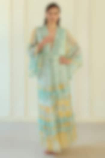 Blue & Yellow French Chiffon Ikat Printed Maxi Dress by Roseroom by Isha Jajodia