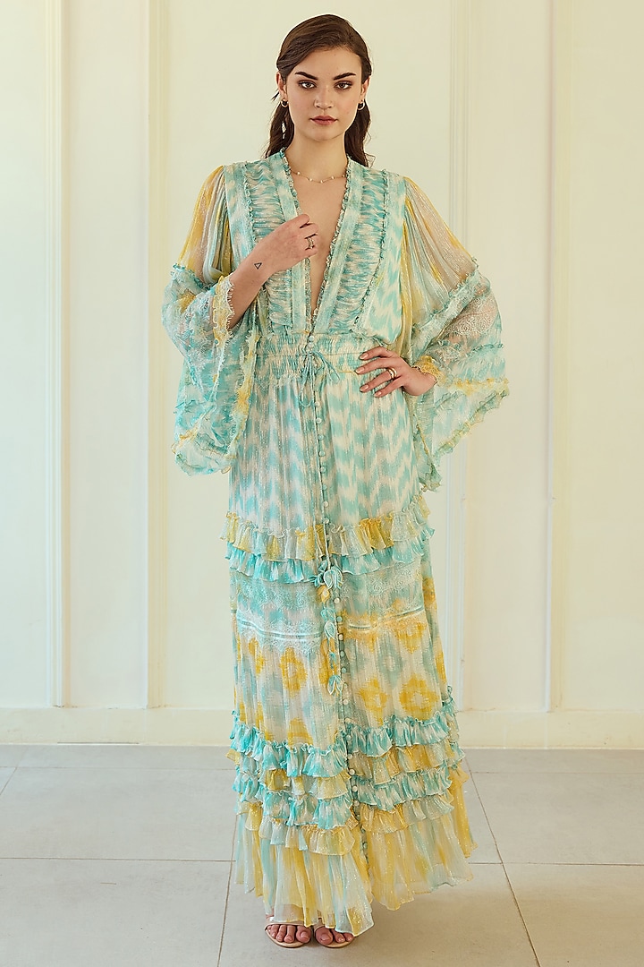 Blue & Yellow French Chiffon Ikat Printed Maxi Dress by Roseroom by Isha Jajodia at Pernia's Pop Up Shop