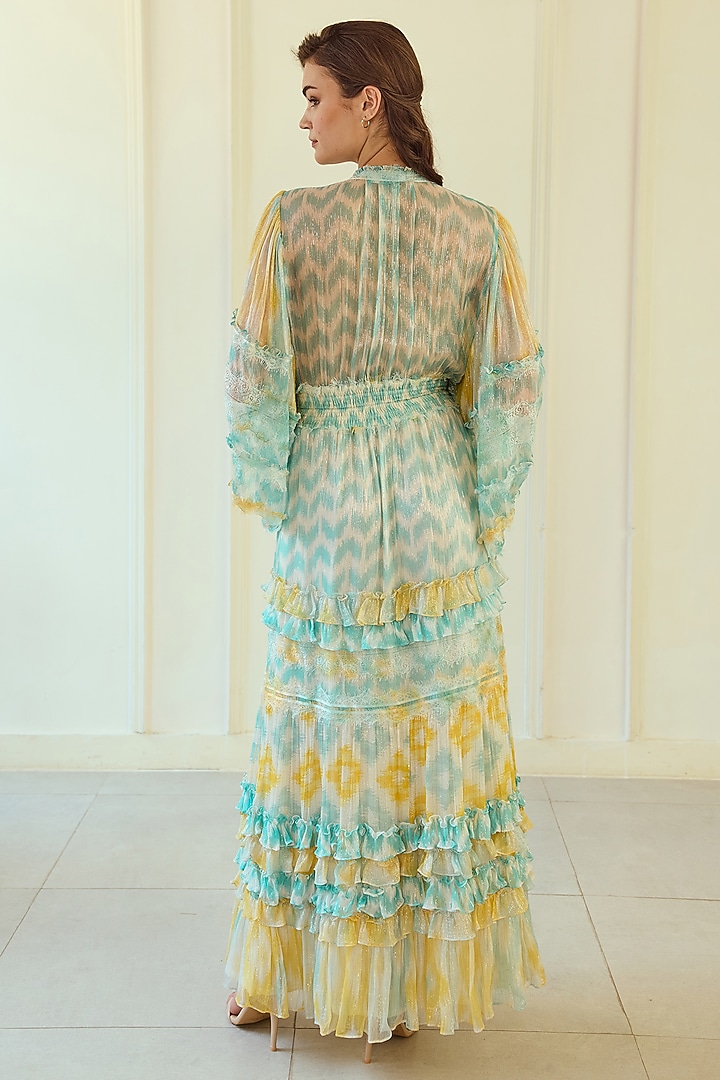 Blue & Yellow French Chiffon Ikat Printed Maxi Party Wear Dress by Roseroom by Isha Jajodia at Pernia's Pop Up Shop