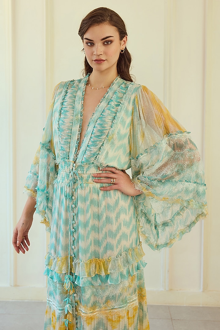 Blue & Yellow French Chiffon Ikat Printed Maxi Party Wear Dress by Roseroom by Isha Jajodia at Pernia's Pop Up Shop