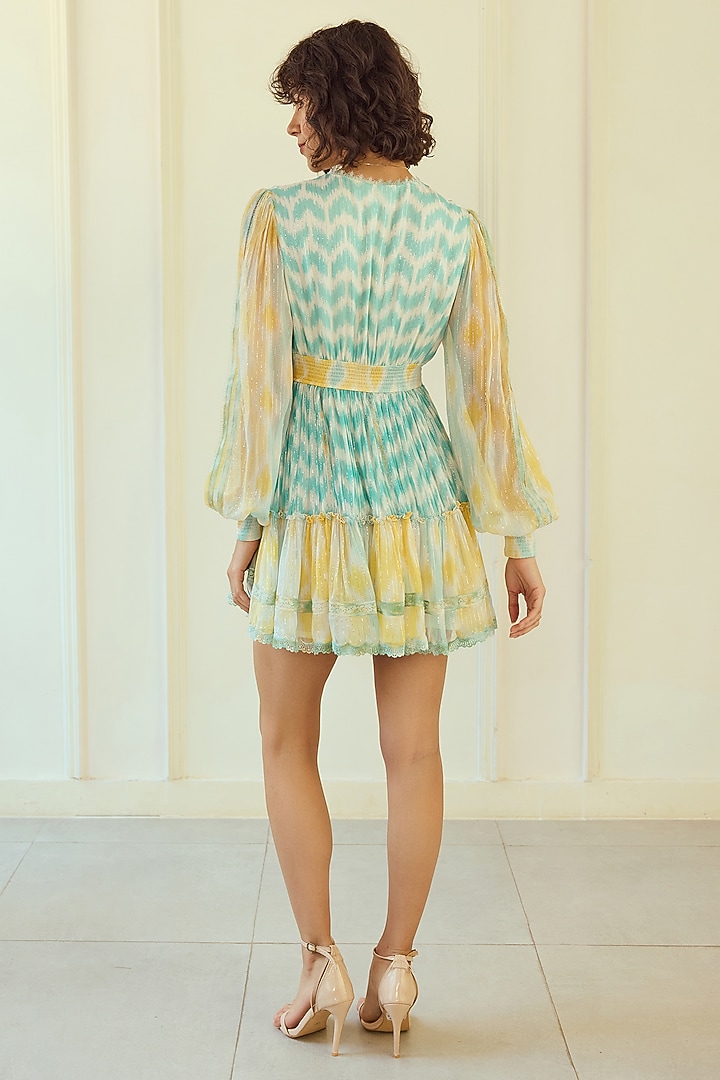 Blue & Yellow French Chiffon Ikat Printed Mini Cocktail Dress by Roseroom by Isha Jajodia at Pernia's Pop Up Shop