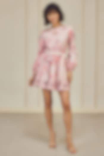 Blush Pink Cotton Slub Rose Printed & Cutwork Mini Dress With Belt by Roseroom by Isha Jajodia