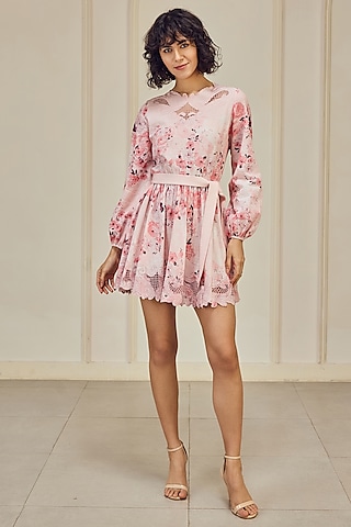 Blush Pink Cotton Slub Rose Printed & Cutwork Mini Dress With Belt by Roseroom by Isha Jajodia