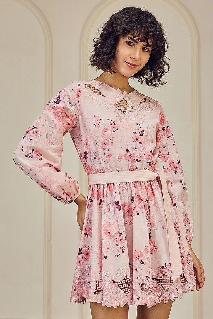 Blush Pink Cotton Slub Rose Printed & Cutwork Mini Cocktail Dress With Belt by Roseroom by Isha Jajodia at Pernia's Pop Up Shop