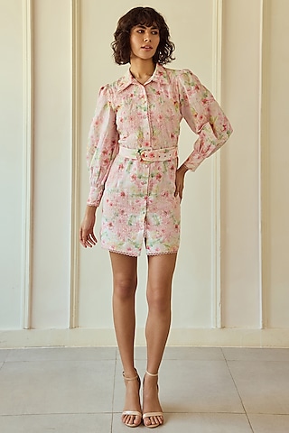 Multi-Colored Cotton Linen Floral Printed Shirt Dress With Belt by Roseroom by Isha Jajodia