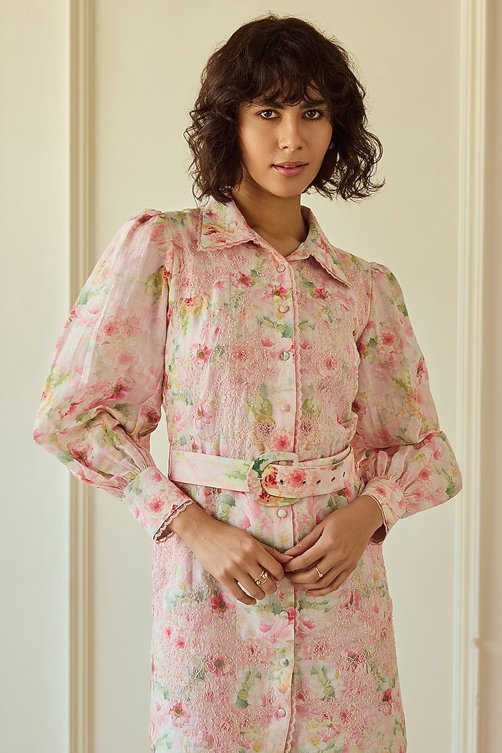 Multi-Colored Cotton Linen Floral Printed Cocktail Shirt Dress With Belt by Roseroom by Isha Jajodia at Pernia's Pop Up Shop