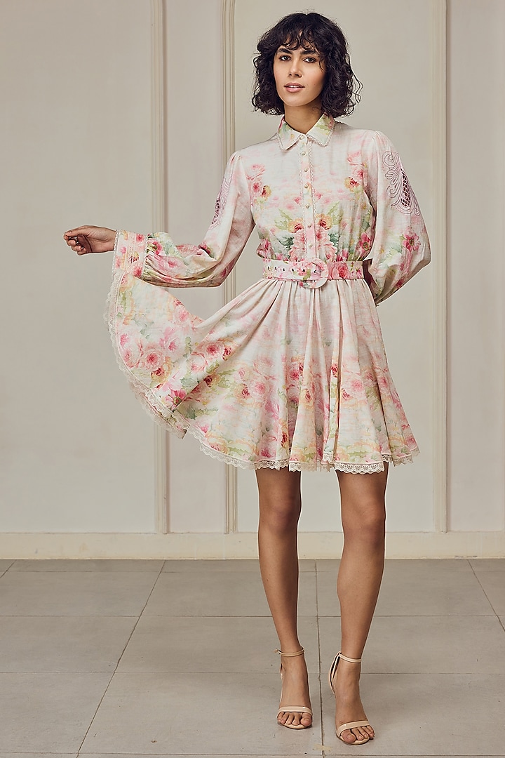Multi-Colored Cotton Linen Floral Printed Mini Dress With Belt by Roseroom by Isha Jajodia