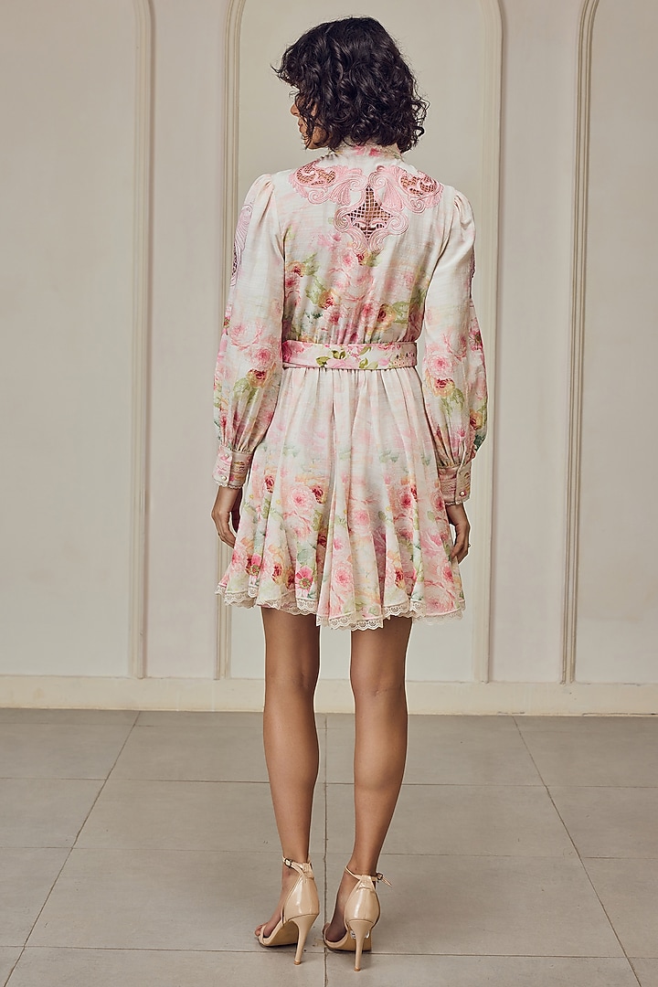 Multi-Colored Cotton Linen Floral Printed Mini Cocktail Dress With Belt by Roseroom by Isha Jajodia at Pernia's Pop Up Shop