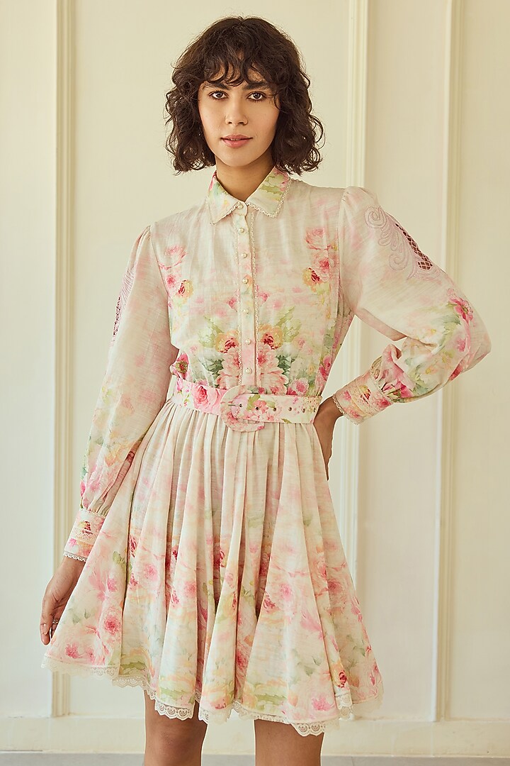 Multi-Colored Cotton Linen Floral Printed Mini Cocktail Dress With Belt by Roseroom by Isha Jajodia at Pernia's Pop Up Shop