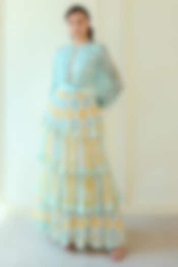 Blue & Yellow French Chiffon Ikat Printed Maxi Tiered Dress With Belt by Roseroom by Isha Jajodia at Pernia's Pop Up Shop