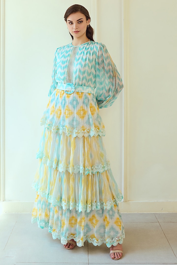 Blue & Yellow French Chiffon Ikat Printed Maxi Tiered Dress With Belt by Roseroom by Isha Jajodia