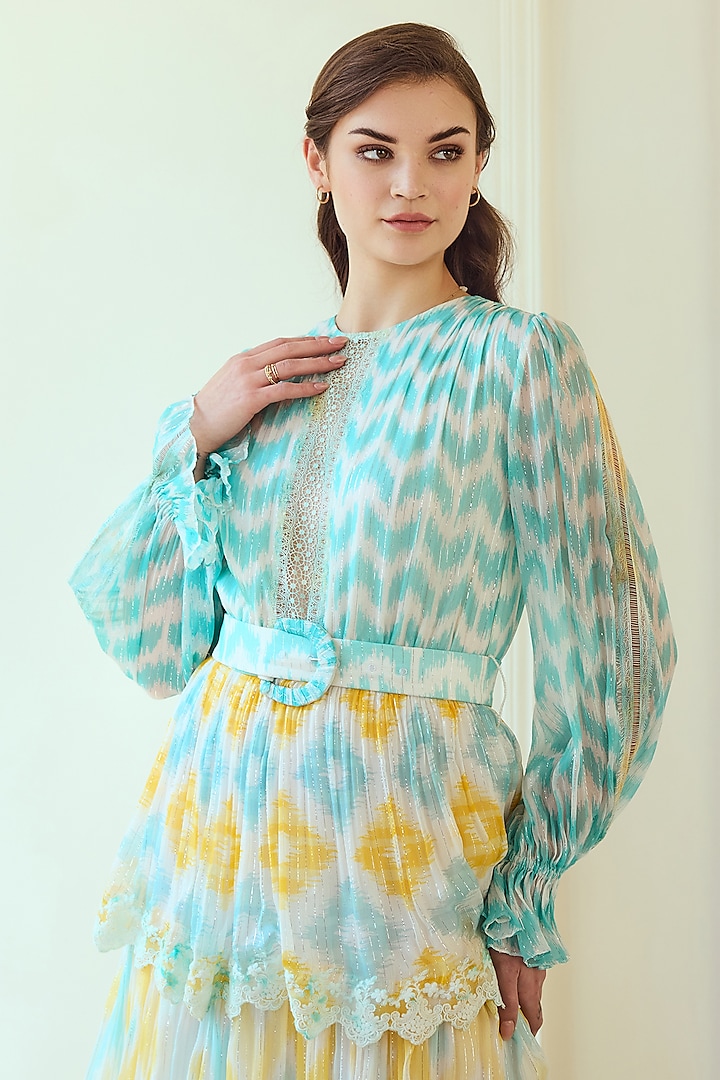 Blue & Yellow French Chiffon Ikat Printed Maxi Tiered Party Wear Dress With Belt by Roseroom by Isha Jajodia at Pernia's Pop Up Shop