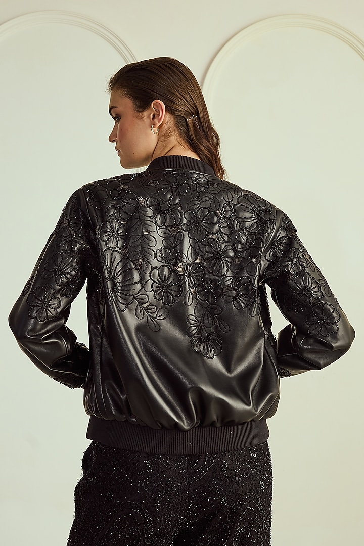 Black Leatherite Floral & Beads Embellished Bomber Jacket by Roseroom by Isha Jajodia at Pernia's Pop Up Shop