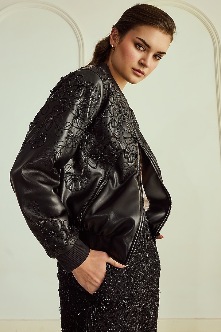 Black Leatherite Floral & Beads Embellished Bomber Jacket by Roseroom by Isha Jajodia at Pernia's Pop Up Shop
