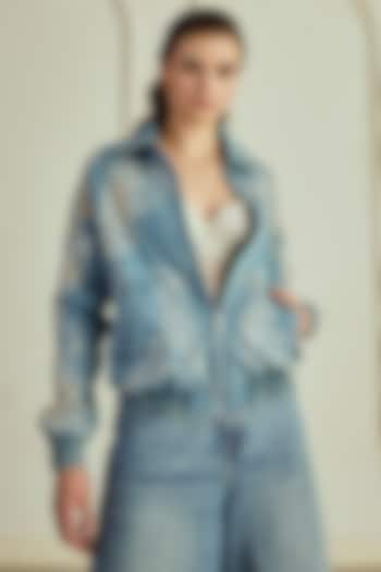 Blue Denim Floral & Silk Thread Embroidered Bomber Jacket by Roseroom by Isha Jajodia at Pernia's Pop Up Shop