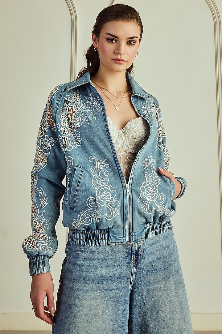 Blue Denim Floral & Silk Thread Embroidered Bomber Jacket by Roseroom by Isha Jajodia at Pernia's Pop Up Shop