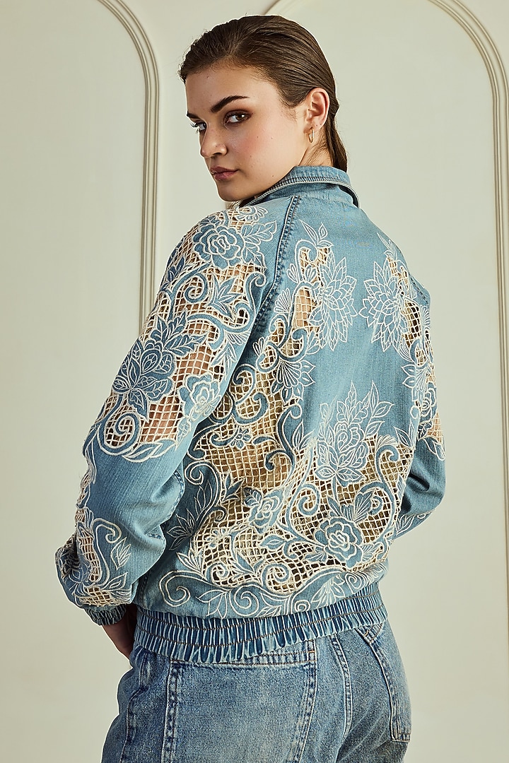 Blue Denim Floral & Silk Thread Embroidered Bomber Jacket by Roseroom by Isha Jajodia at Pernia's Pop Up Shop
