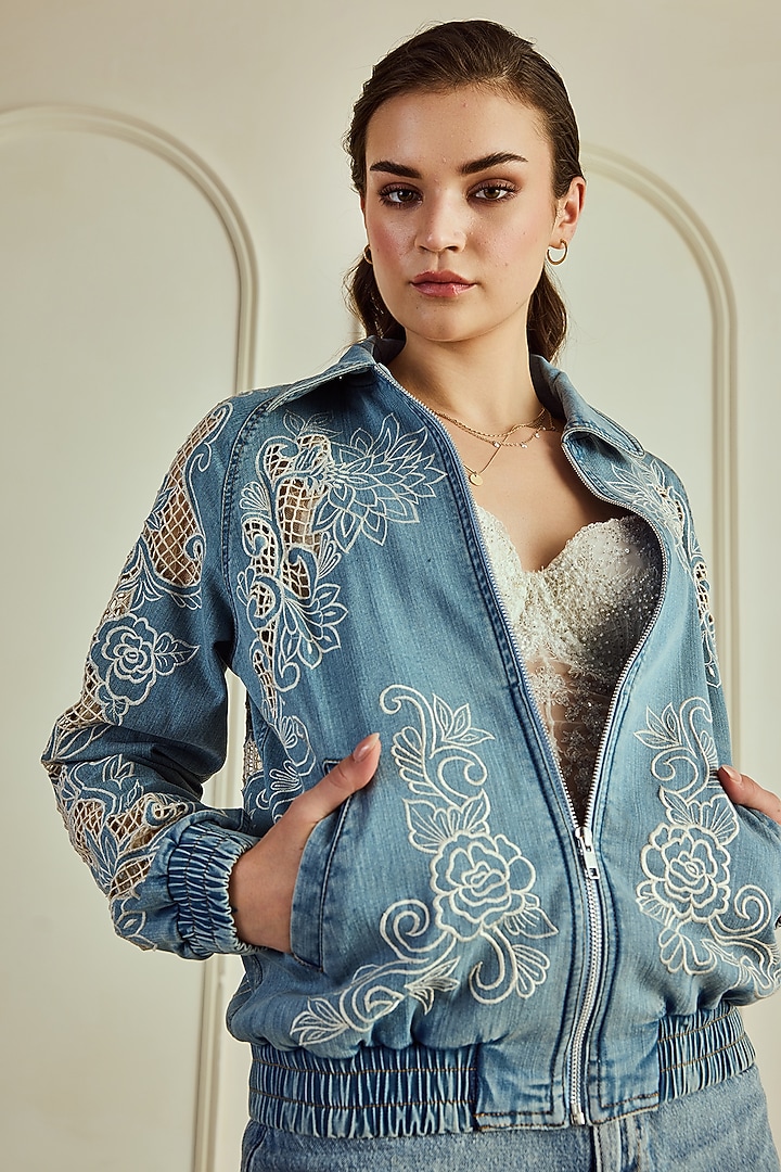 Blue Denim Floral & Silk Thread Embroidered Bomber Jacket by Roseroom by Isha Jajodia at Pernia's Pop Up Shop