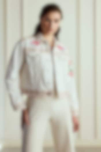 White Denim Floral Hand Embroidered Bomber Jacket by Roseroom by Isha Jajodia at Pernia's Pop Up Shop