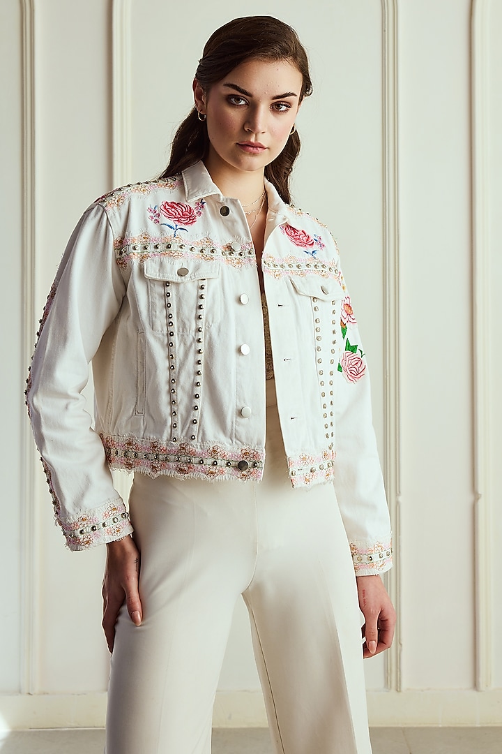 White Denim Floral Hand Embroidered Bomber Jacket by Roseroom by Isha Jajodia at Pernia's Pop Up Shop