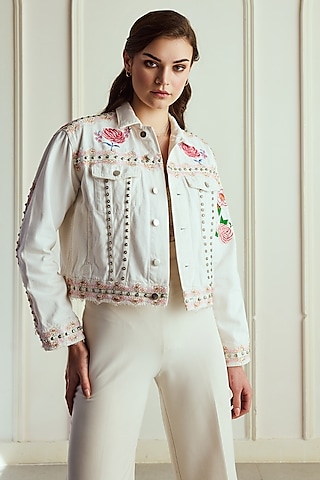 White Denim Floral Hand Embroidered Bomber Jacket by Roseroom by Isha Jajodia