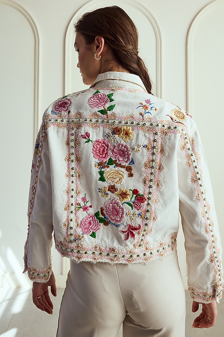 White Denim Floral Hand Embroidered Bomber Jacket by Roseroom by Isha Jajodia at Pernia's Pop Up Shop