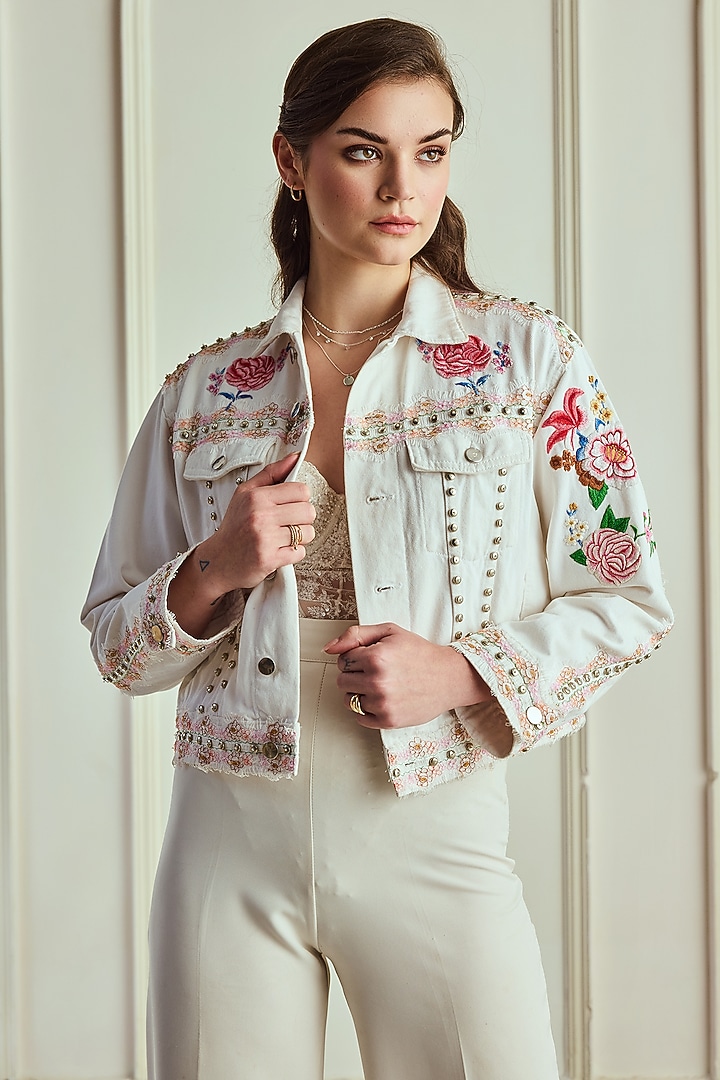 White Denim Floral Hand Embroidered Bomber Jacket by Roseroom by Isha Jajodia at Pernia's Pop Up Shop