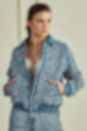 Blue Denim Textured Bomber Jacket by Roseroom by Isha Jajodia at Pernia's Pop Up Shop