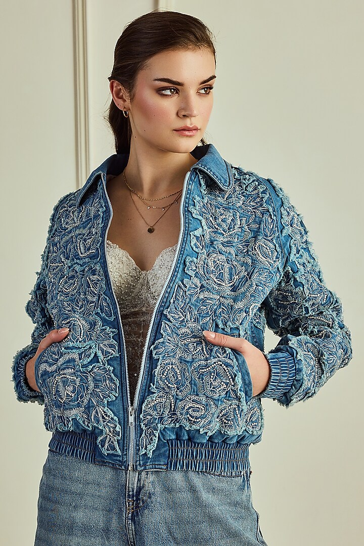 Blue Denim Textured Bomber Jacket by Roseroom by Isha Jajodia at Pernia's Pop Up Shop