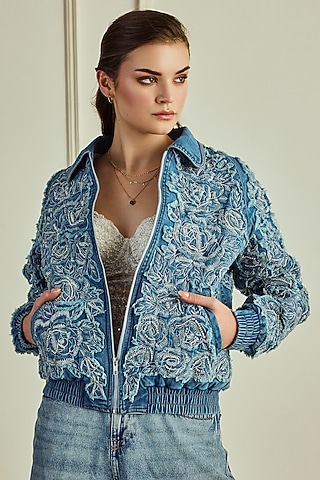 Blue Denim Textured Bomber Jacket by Roseroom by Isha Jajodia
