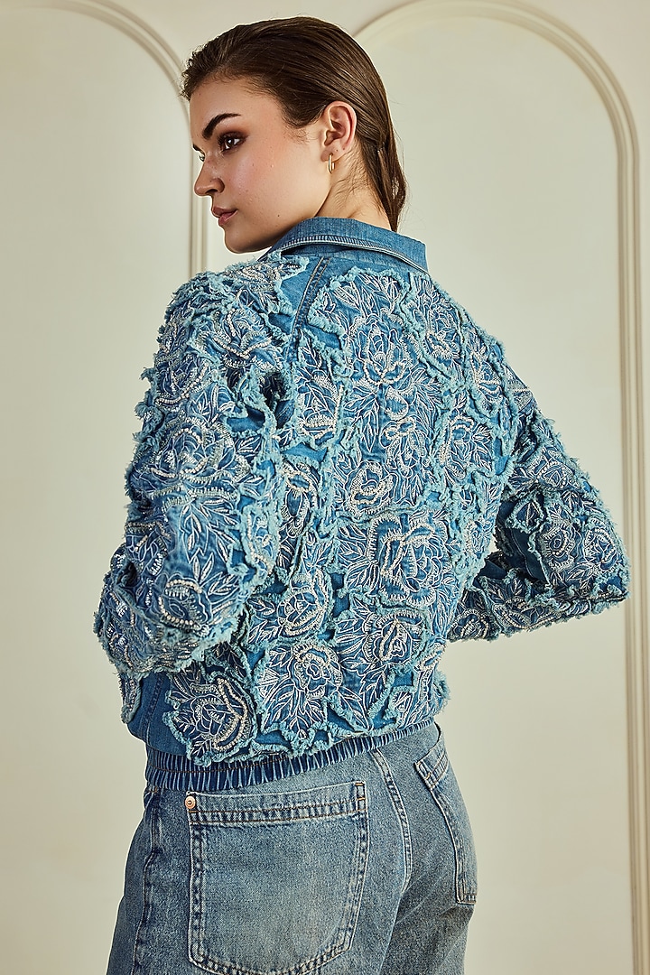 Blue Denim Textured Bomber Jacket by Roseroom by Isha Jajodia at Pernia's Pop Up Shop
