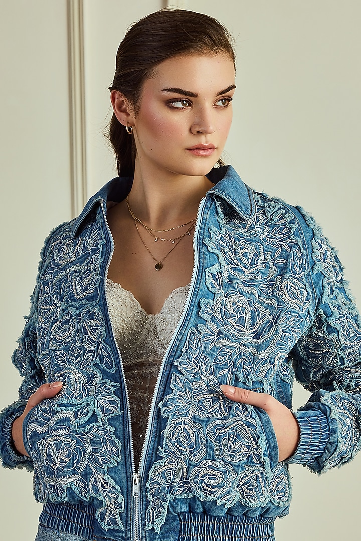Blue Denim Textured Bomber Jacket by Roseroom by Isha Jajodia at Pernia's Pop Up Shop
