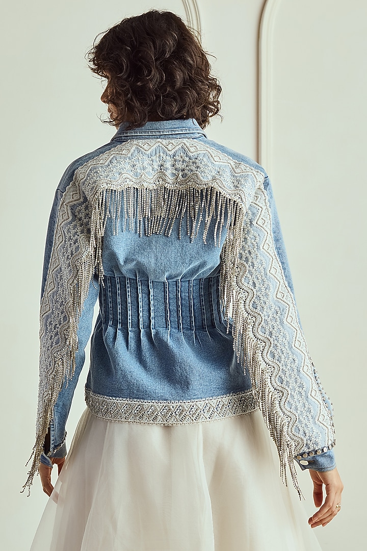 Blue Denim Lace Embroidered Fringed Jacket by Roseroom by Isha Jajodia at Pernia's Pop Up Shop