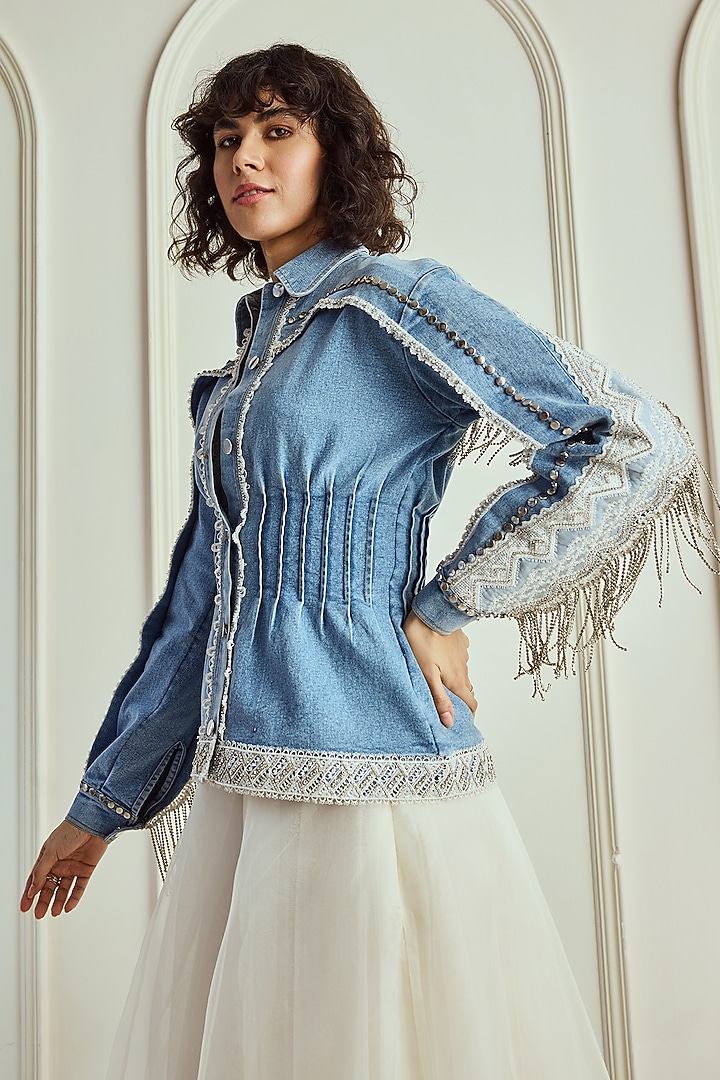 Blue Denim Lace Embroidered Fringed Jacket by Roseroom by Isha Jajodia at Pernia's Pop Up Shop