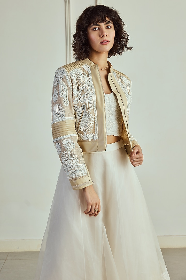 Nude Leather Cord Embroidered Quilted Jacket by Roseroom by Isha Jajodia at Pernia's Pop Up Shop