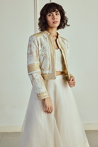 Nude Leather Cord Embroidered Quilted Jacket by Roseroom by Isha Jajodia