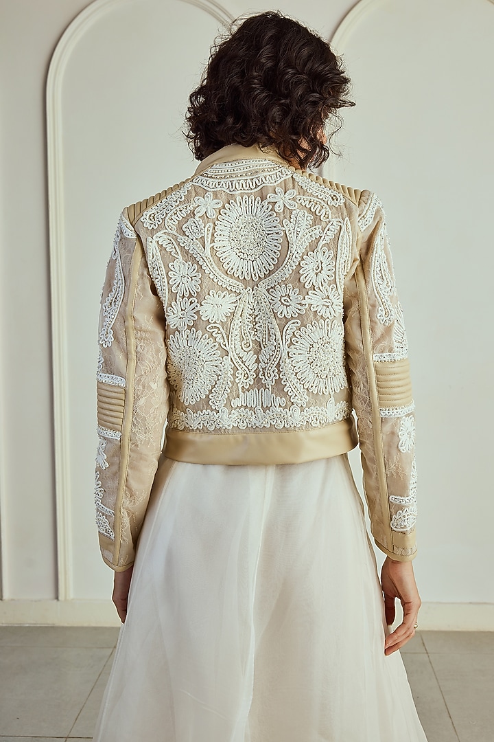 Nude Leather Cord Embroidered Quilted Jacket by Roseroom by Isha Jajodia at Pernia's Pop Up Shop