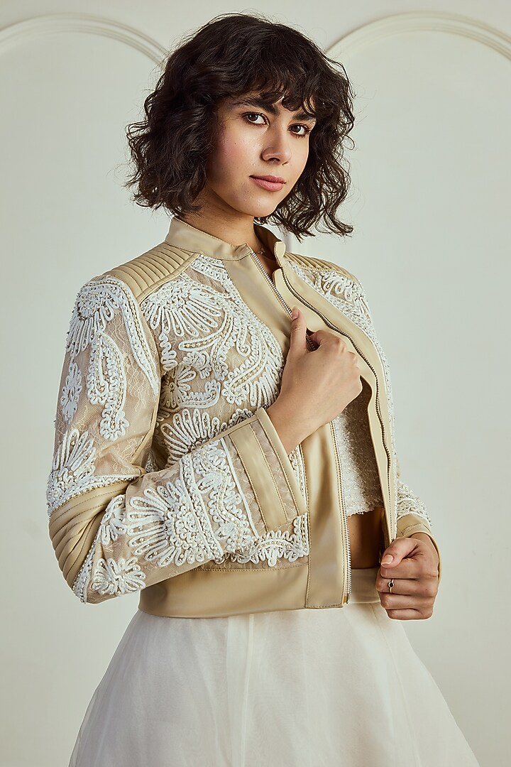 Nude Leather Cord Embroidered Quilted Jacket by Roseroom by Isha Jajodia at Pernia's Pop Up Shop