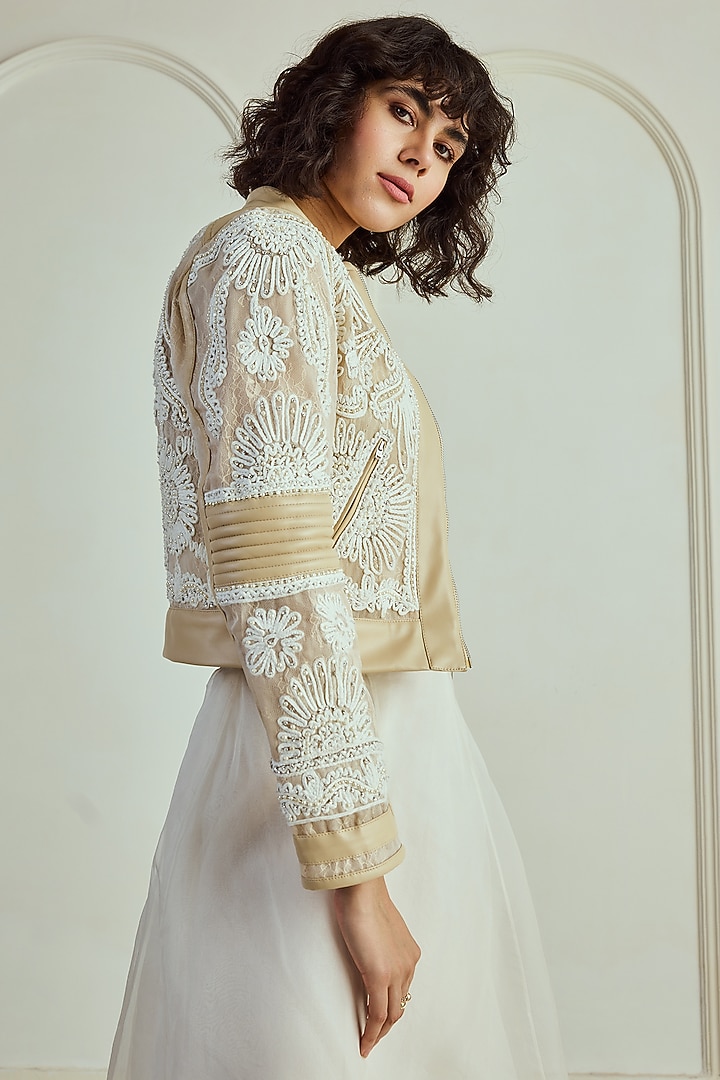 Nude Leather Cord Embroidered Quilted Jacket by Roseroom by Isha Jajodia at Pernia's Pop Up Shop