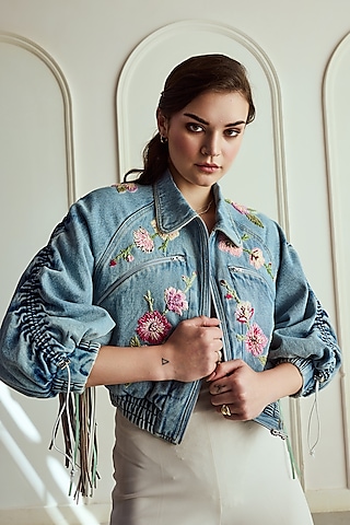 Blue Denim Floral & Thread Embroidered Ruched Jacket by Roseroom by Isha Jajodia