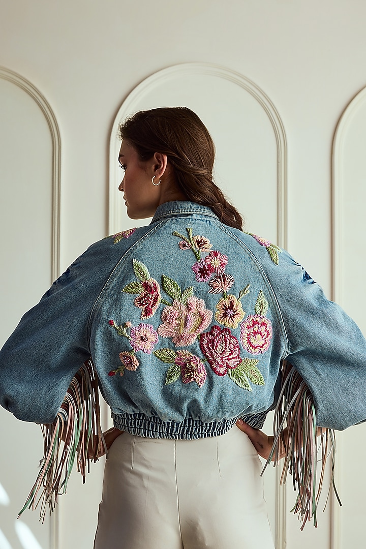 Blue Denim Floral & Thread Embroidered Ruched Jacket by Roseroom by Isha Jajodia at Pernia's Pop Up Shop