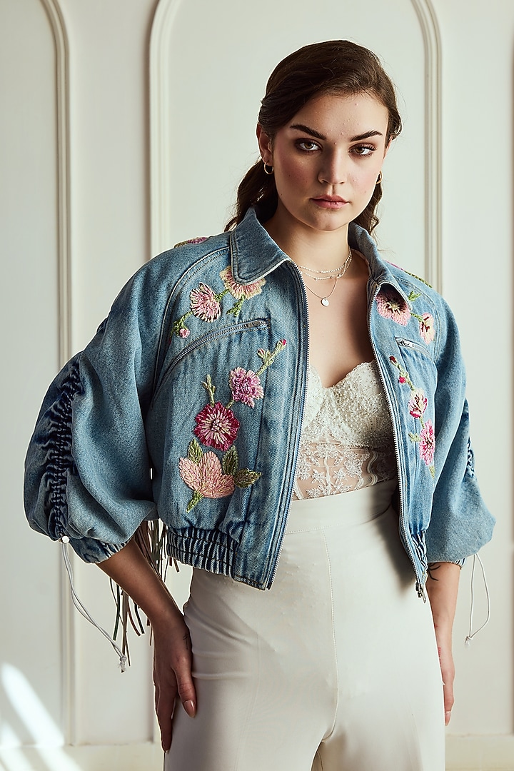 Blue Denim Floral & Thread Embroidered Ruched Jacket by Roseroom by Isha Jajodia at Pernia's Pop Up Shop