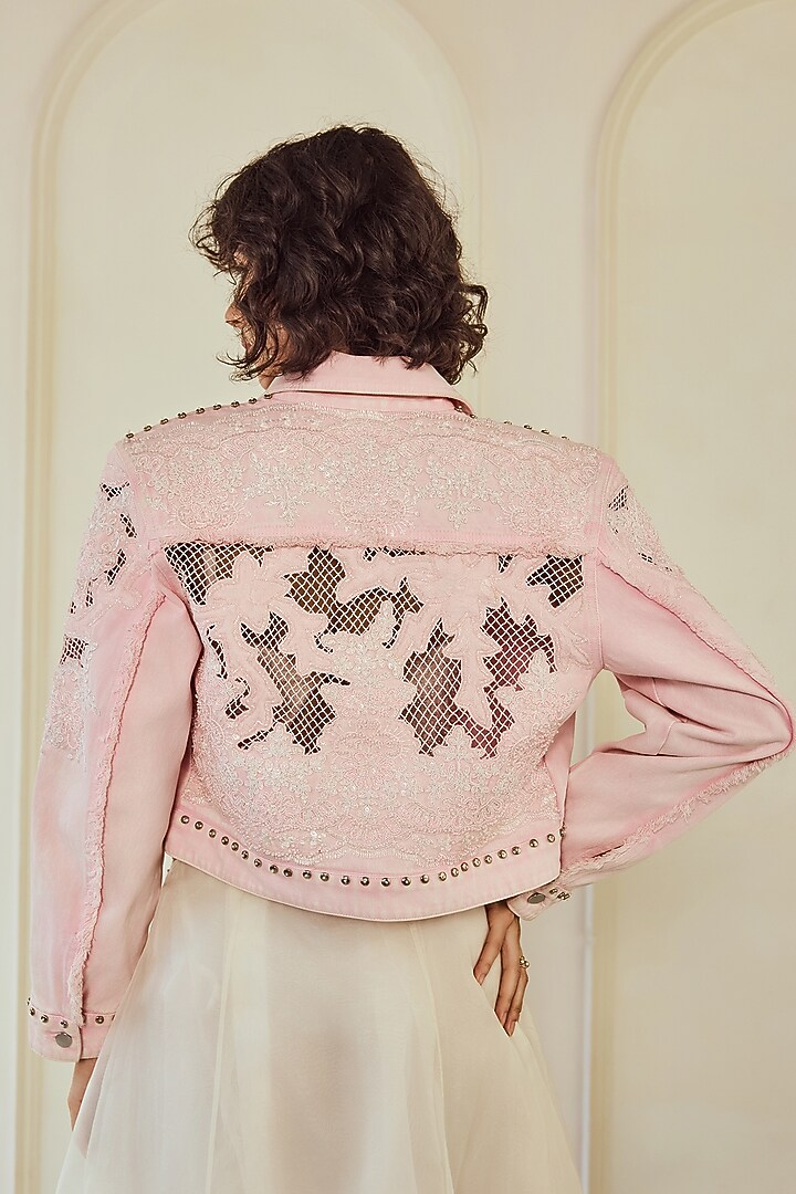 Pink Denim Lace & Applique Embroidered Jacket by Roseroom by Isha Jajodia at Pernia's Pop Up Shop