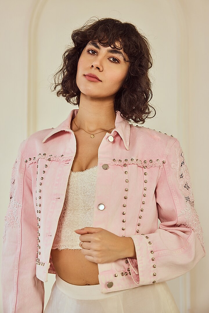 Pink Denim Lace & Applique Embroidered Jacket by Roseroom by Isha Jajodia at Pernia's Pop Up Shop